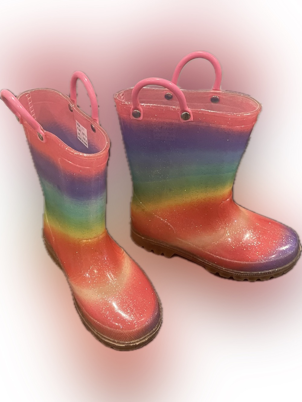 Rainbow Glitter Kids Rain Boots - Pink Handles